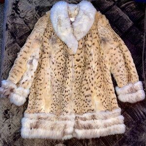 NWOT 100% GENUINE Spotted Wild Cat Fur Coat Trimmed with Silver Fox Fur